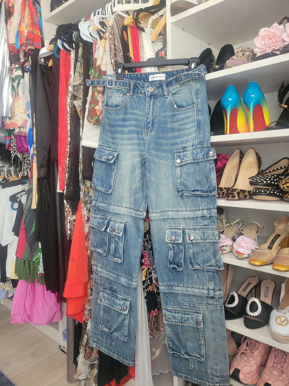 Women's Blue Cargo Patchwork Straight-Leg Jeans